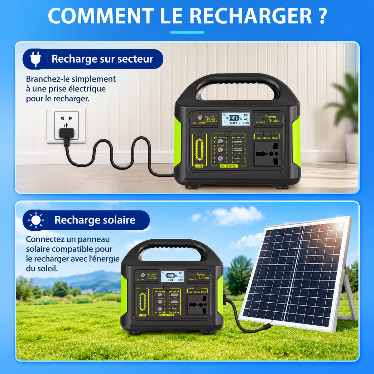 Station d’Énergie Portable Solaire 300W – Batterie LiFePO4 840Wh