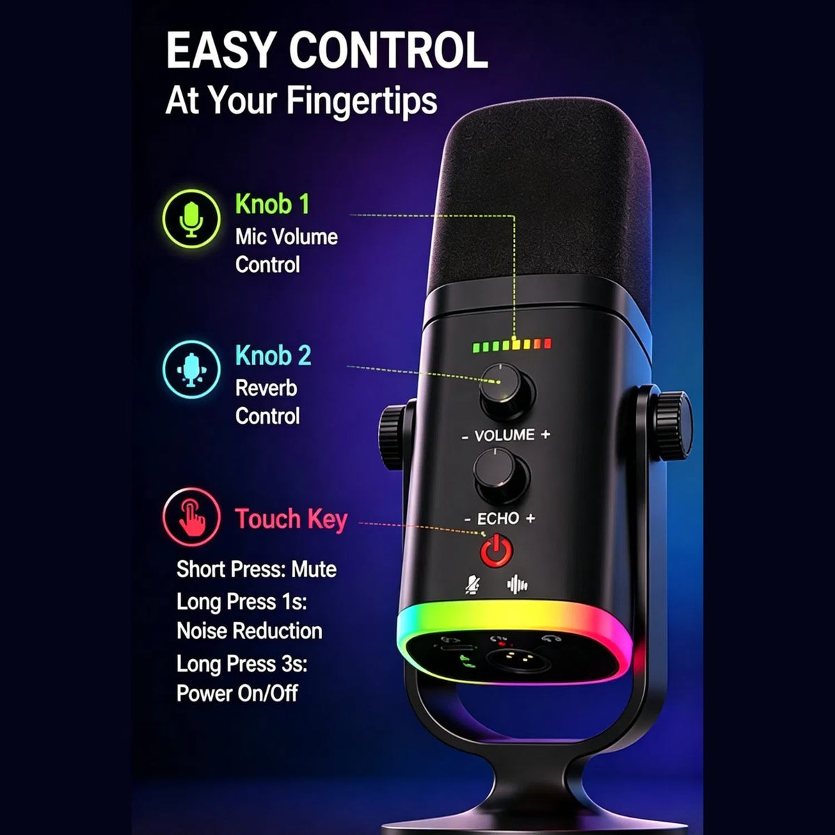 Wireless RGB Gaming Condenser Microphone | Clear echo control for live streaming