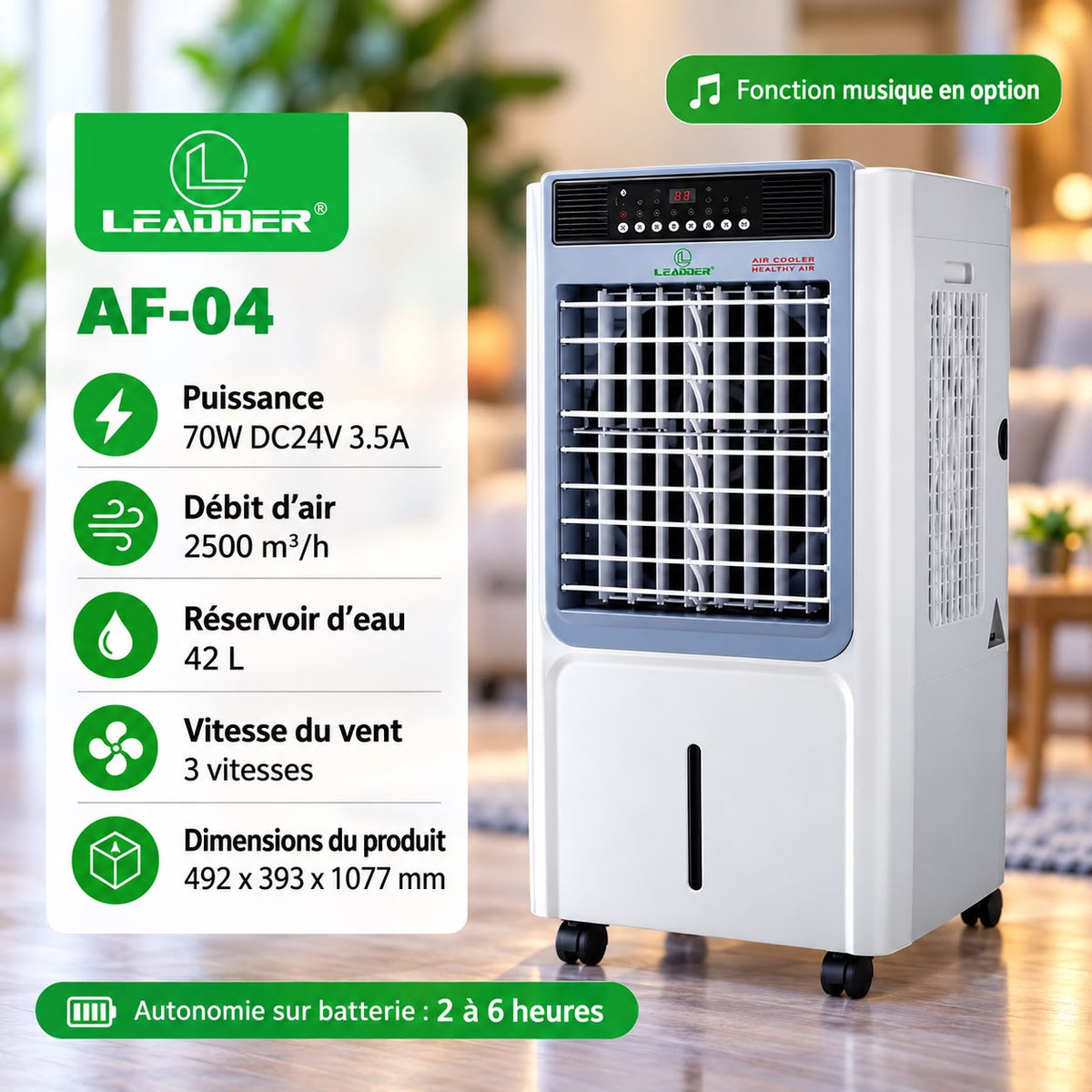 Climatiseur Évaporatif Portable LEADDER AF-02 – Batterie 2 à 6h | Réservoir 45L